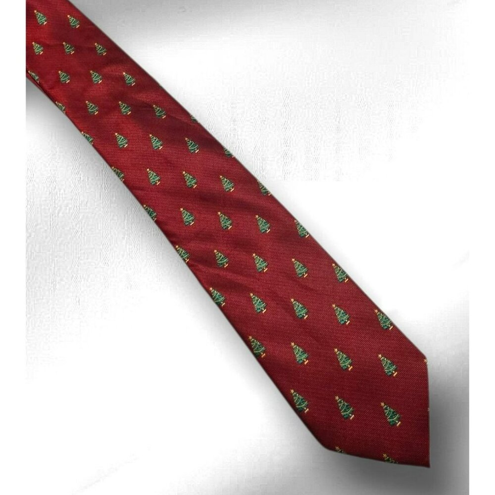 Vintage John Ashford Christmas Tree Neck Tie Red Rust Green Pine Holiday Party